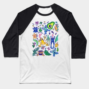 Vibrant Cartoon Dart Frogs Amphibian Pattern Baseball T-Shirt